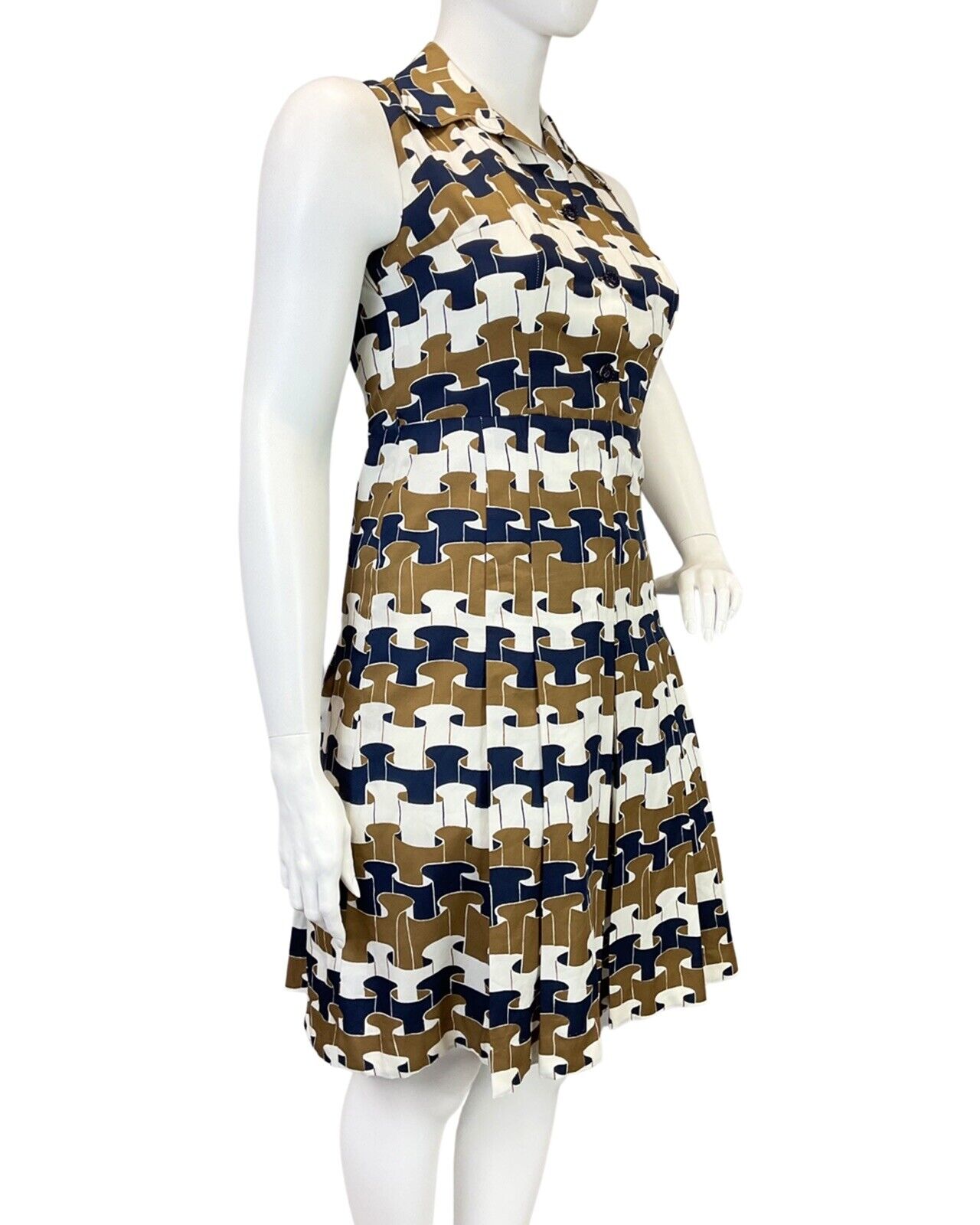 VINTAGE 60s 70s BROWN WHITE BLUE GEOMETRIC RUFFLE MOD DAGGER SHIRT DRESS 16