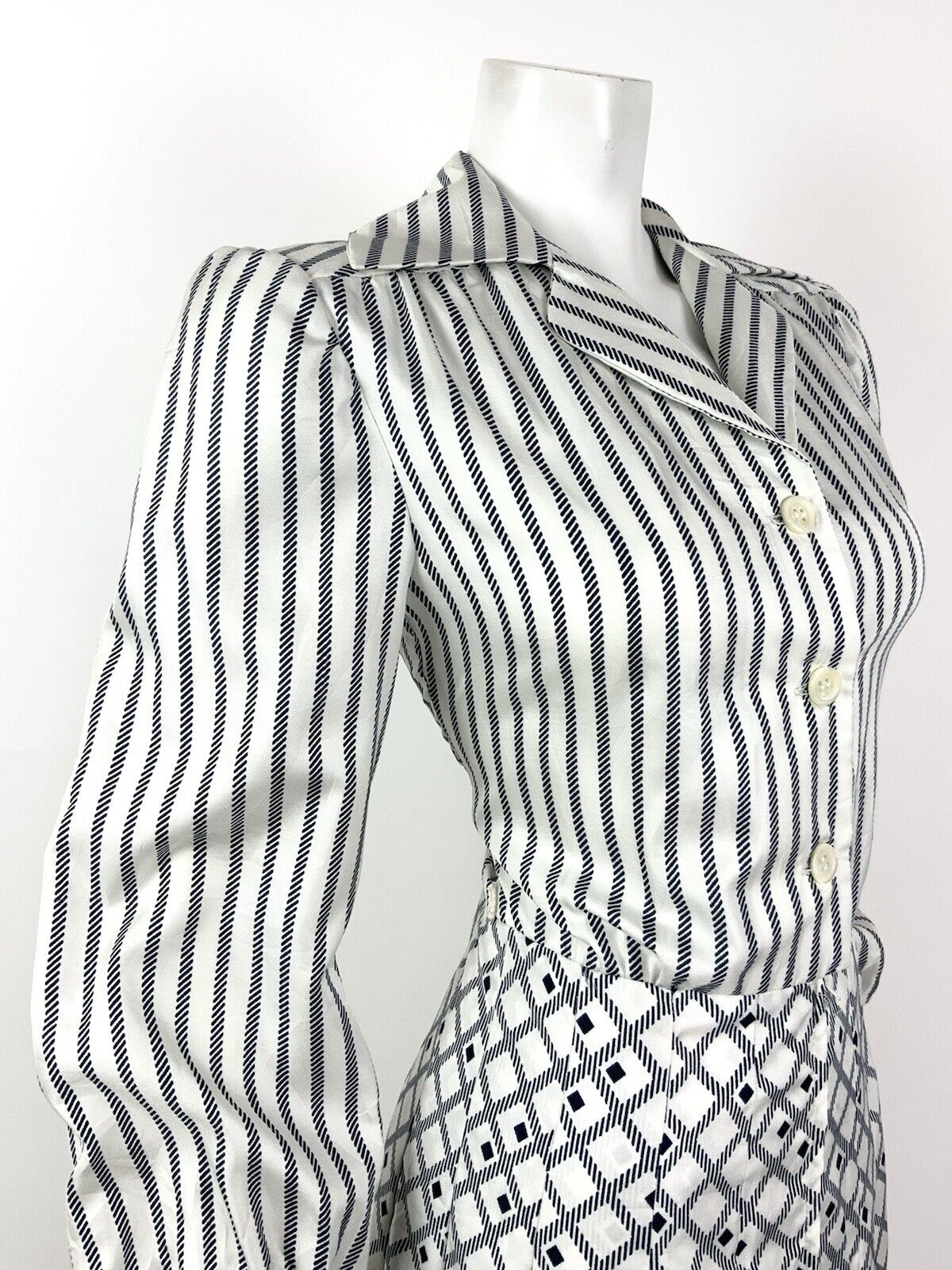 VINTAGE 60s 70s WHITE BLUE NAUTICAL STRIPED CHECKED DAGGER COLLAR SHIRT DRESS 10