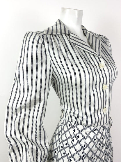 VINTAGE 60s 70s WHITE BLUE NAUTICAL STRIPED CHECKED DAGGER COLLAR SHIRT DRESS 10