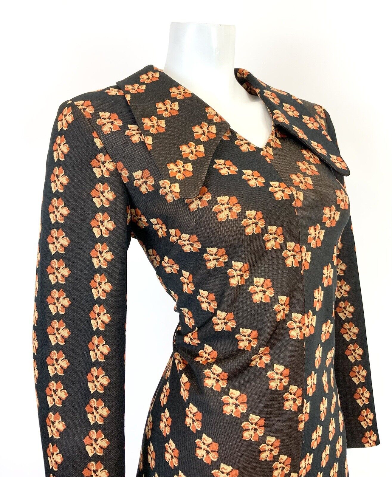 VTG 60s 70s BROWN ORANGE YELLOW FLORAL STRIPED SPOON COLLAR SHIRT DRESS 14 16