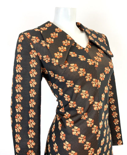 VTG 60s 70s BROWN ORANGE YELLOW FLORAL STRIPED SPOON COLLAR SHIRT DRESS 14 16