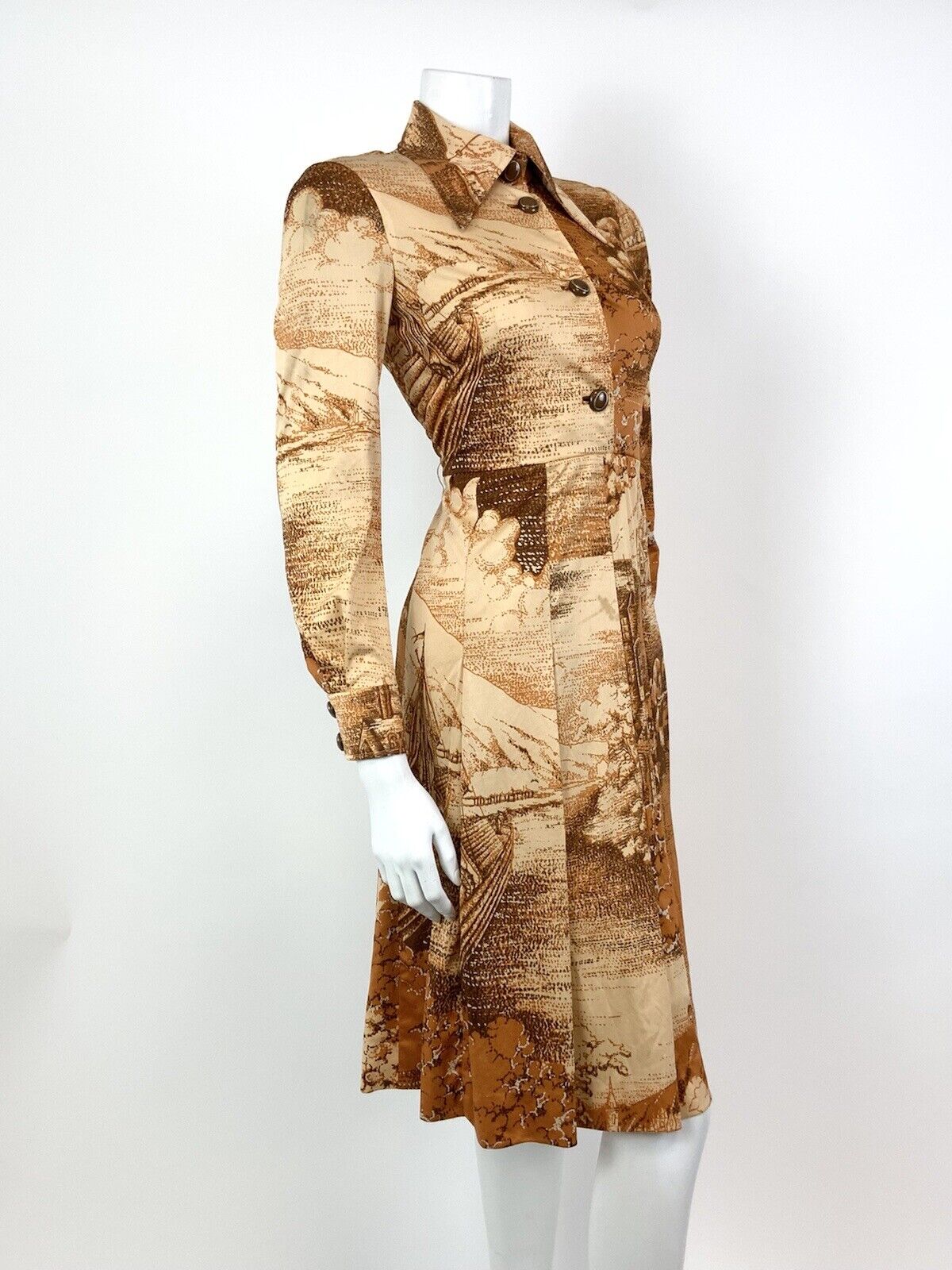 VINTAGE 60s 70s ORANGE BROWN CREAM PASTORAL FARM BOHO DAGGER SHIRT DRESS 8 10