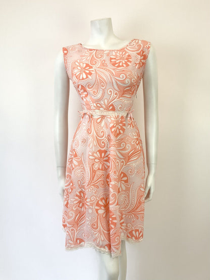 VTG 60s 70s PINK ORANGE WHITE PSYCHEDELIC FLORAL PAISLEY LACE MOD DRESS 10 12