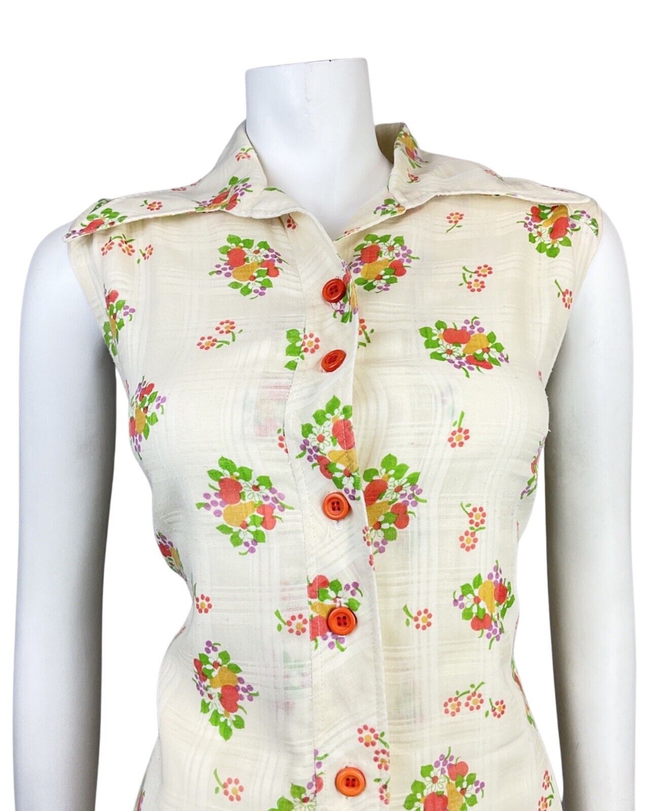 VINTAGE 60s 70s CREAM RED GREEN FLOWER APPLE PEAR MOD DAGGER SHIRT DRESS 14 16