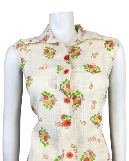 VINTAGE 60s 70s CREAM RED GREEN FLOWER APPLE PEAR MOD DAGGER SHIRT DRESS 14 16