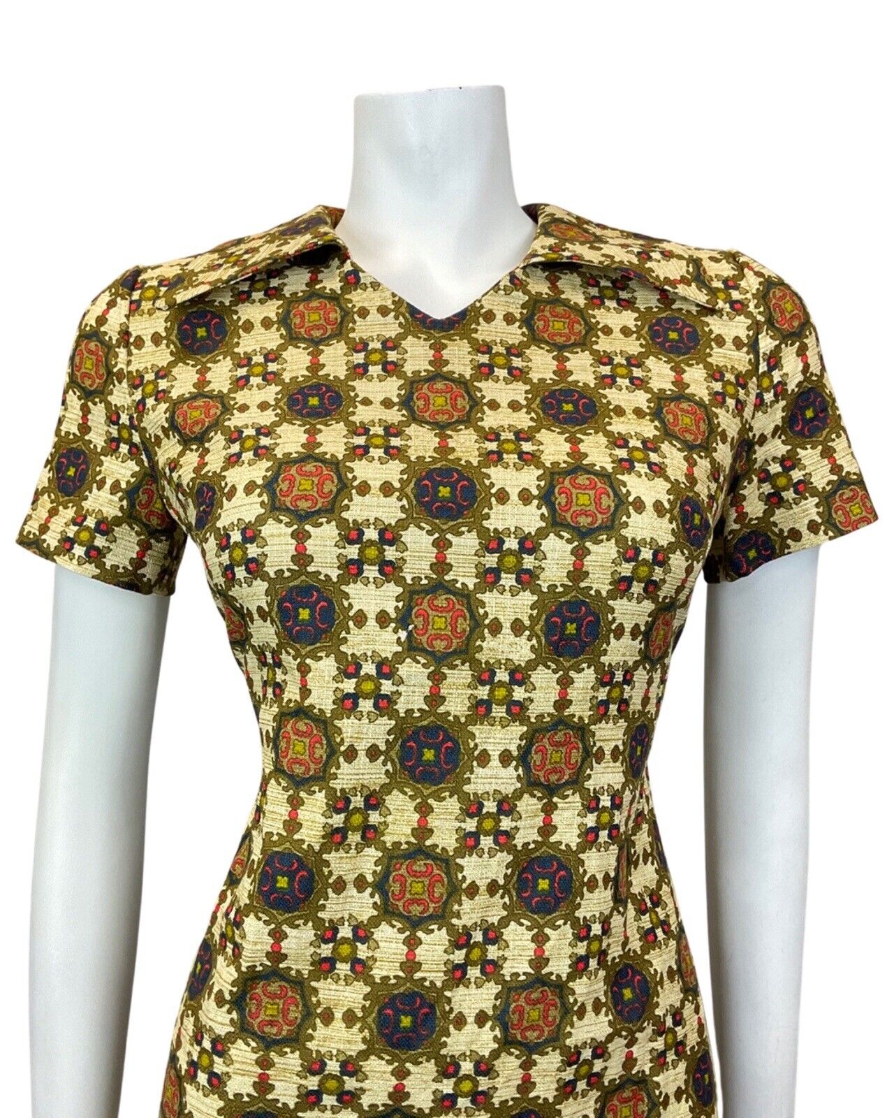 VINTAGE 60s 70s CREAM GOLD BLUE ORNATE CHECKED MOD SHORT SHIRT DRESS 10 12