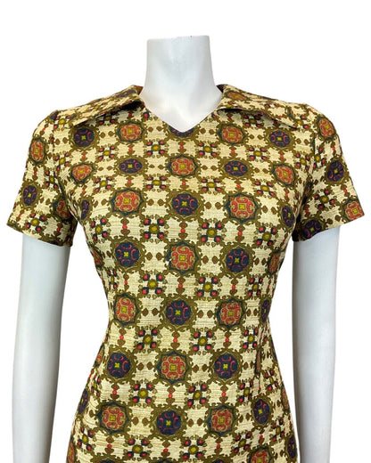 VINTAGE 60s 70s CREAM GOLD BLUE ORNATE CHECKED MOD SHORT SHIRT DRESS 10 12