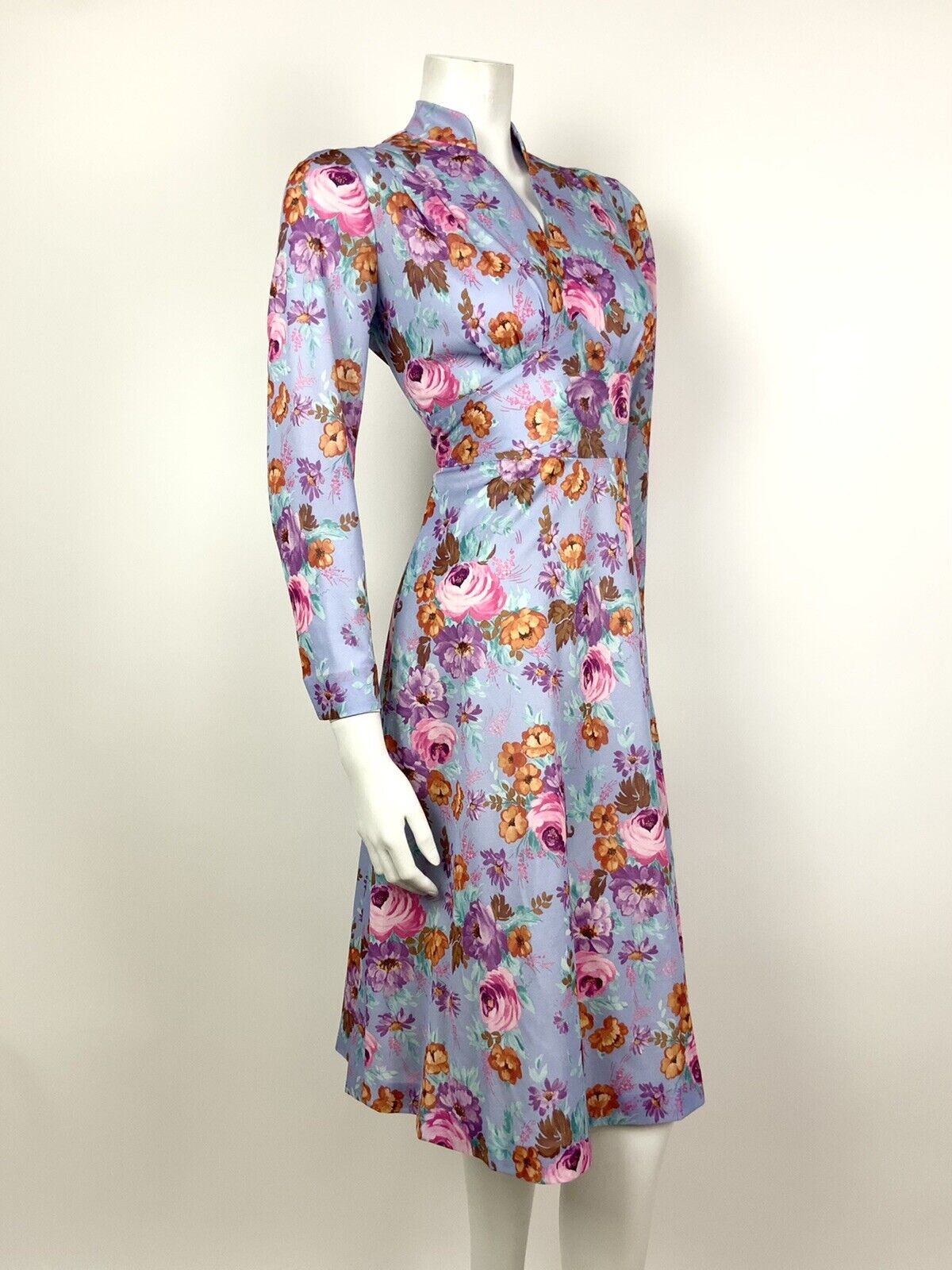 VINTAGE 60s 70s LILAC PINK BLUE ORANGE FLORAL MANDARIN COLLAR SWING DRESS 10 12