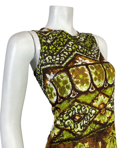 VTG 60s 70s GREEN BROWN WHITE FLORAL GEOMETRIC HAWAIIAN TIKI SHIFT DRESS 8 10