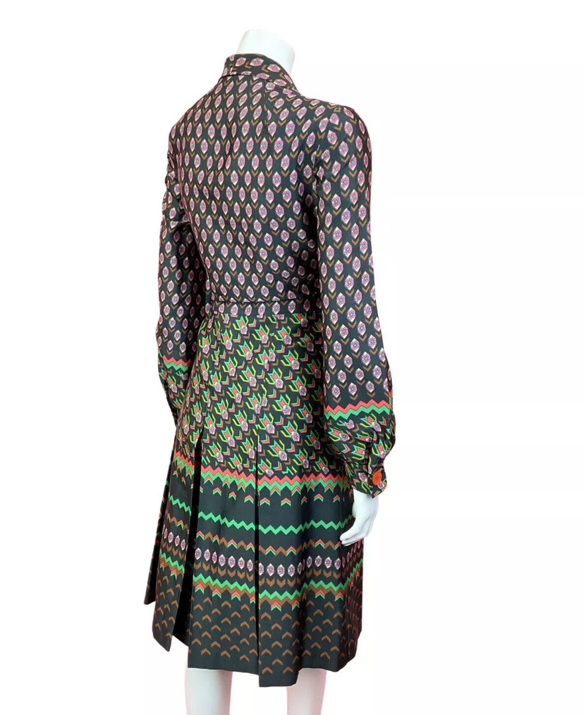 VTG 60s 70s BLACK GREEN PINK PSYCHEDELIC GEOMETRIC DAISY DAGGER SHIRT DRESS 14