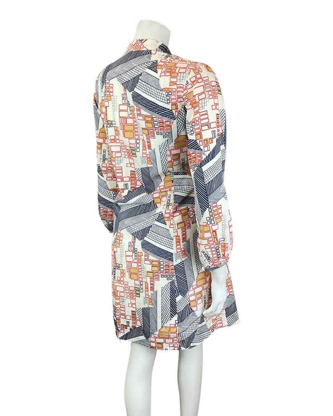 VINTAGE 60s 70s WHITE BLUE RED GEOMETRIC SQUARE PUSSYBOW SHIRT DRESS 12 14