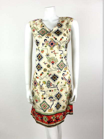VINTAGE 60s 70s CREAM BLUE RED GREEN AZTEC FLORAL GEOMETRIC MOD DRESS 12 14