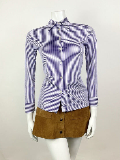 VINTAGE 60s 70s PURPLE WHITE STRIPED MOD DAGGER SHIRT BLOUSE 8
