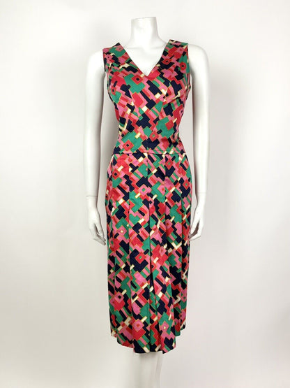 VTG 60s 70s PINK BLUE GREEN GOLD GEOMETRIC PSYCHEDELIC SLEEVELESS DRESS 12 14