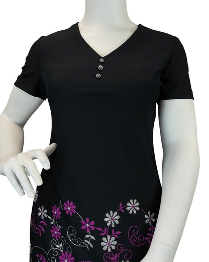VINTAGE 60s 70s BLACK SILVER PURPLE SWIRLING FLOWER EMBROIDERED MOD DRESS 16