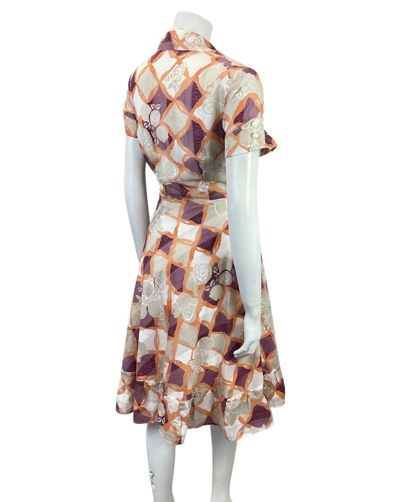 VINTAGE 60s 70s WHITE PURPLE ORANGE CHECKED FLORAL DAGGER SHIRT DRESS 10 12