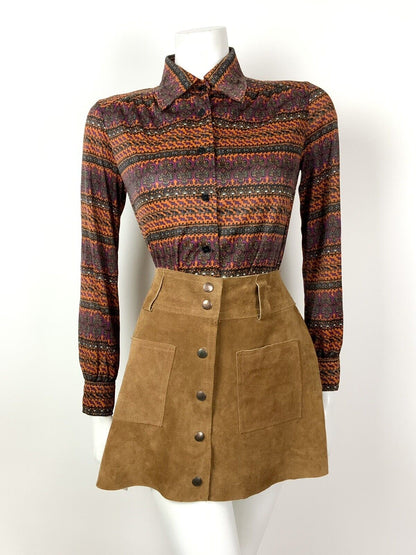 VINTAGE 60s 70s ORANGE BROWN PURPLE STRIPED PSYCHEDELIC FLORAL SHIRT TOP 14 16
