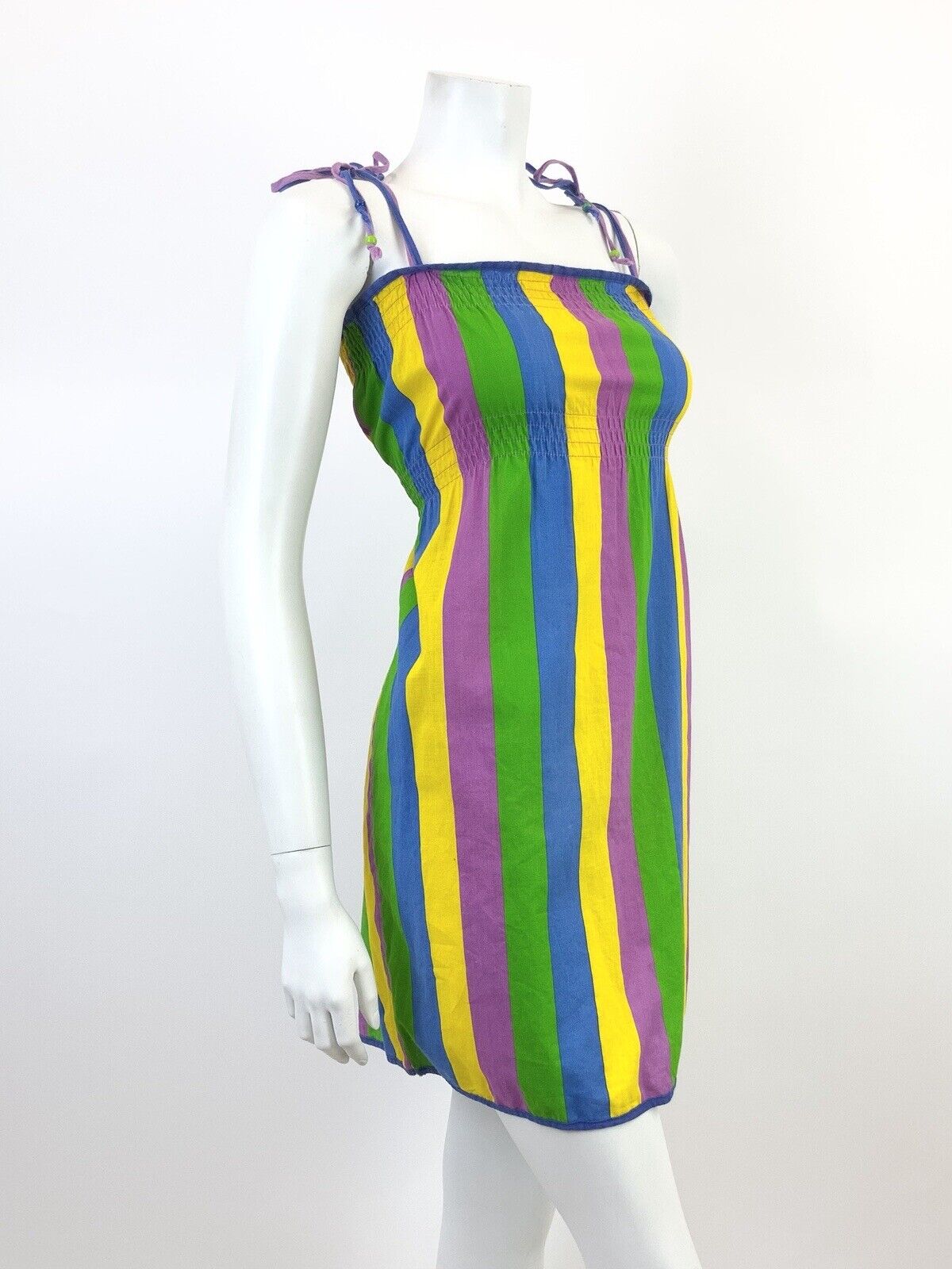 VINTAGE 70s 80s GREEN BLUE YELLOW PURPLE STRIPED STRAPPY SUMMER DRESS 10 12