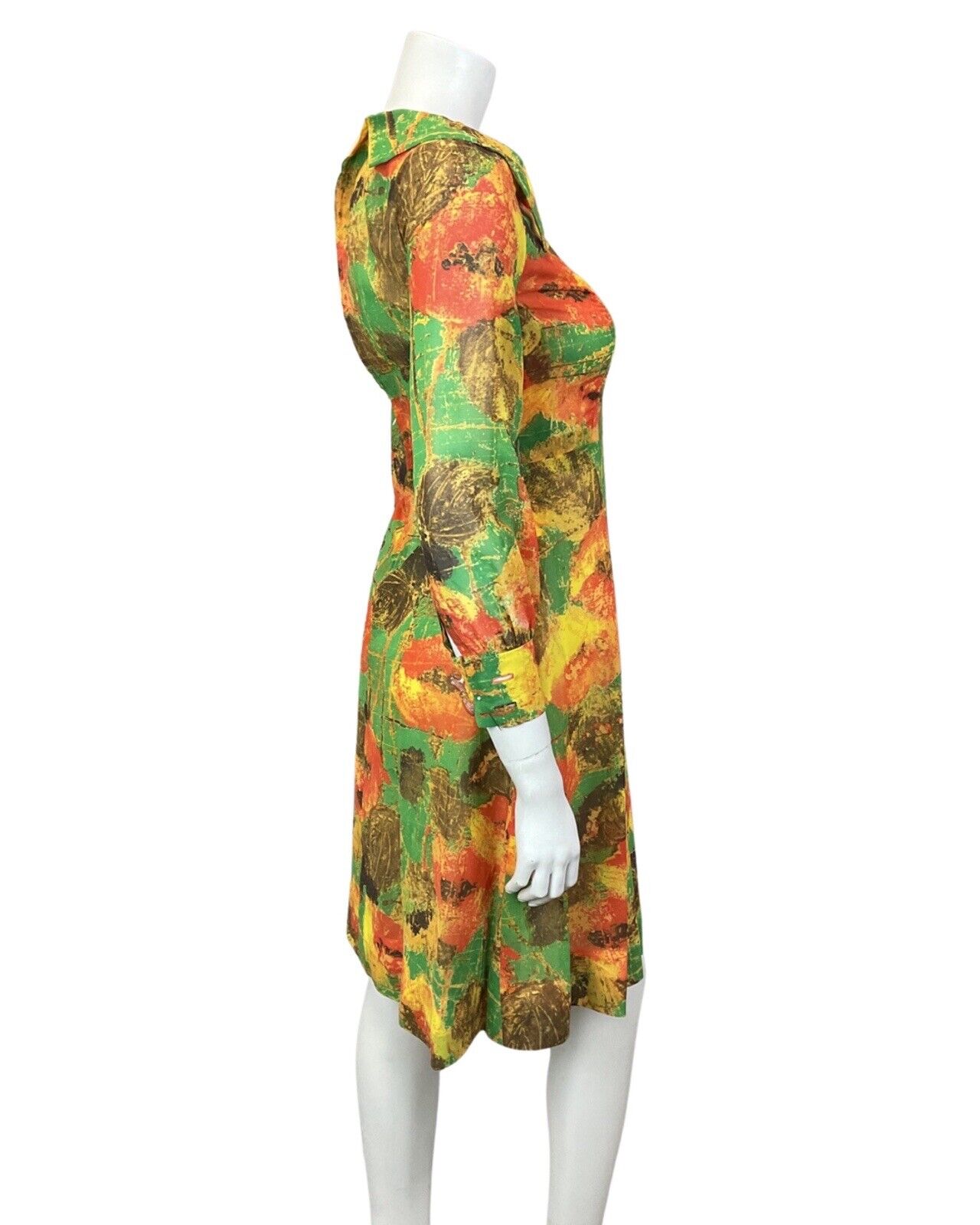 VINTAGE 60s 70s YELLOW RED GREEN FLORAL POPPY SHEER WING COLLAR SHIRT DRESS 4