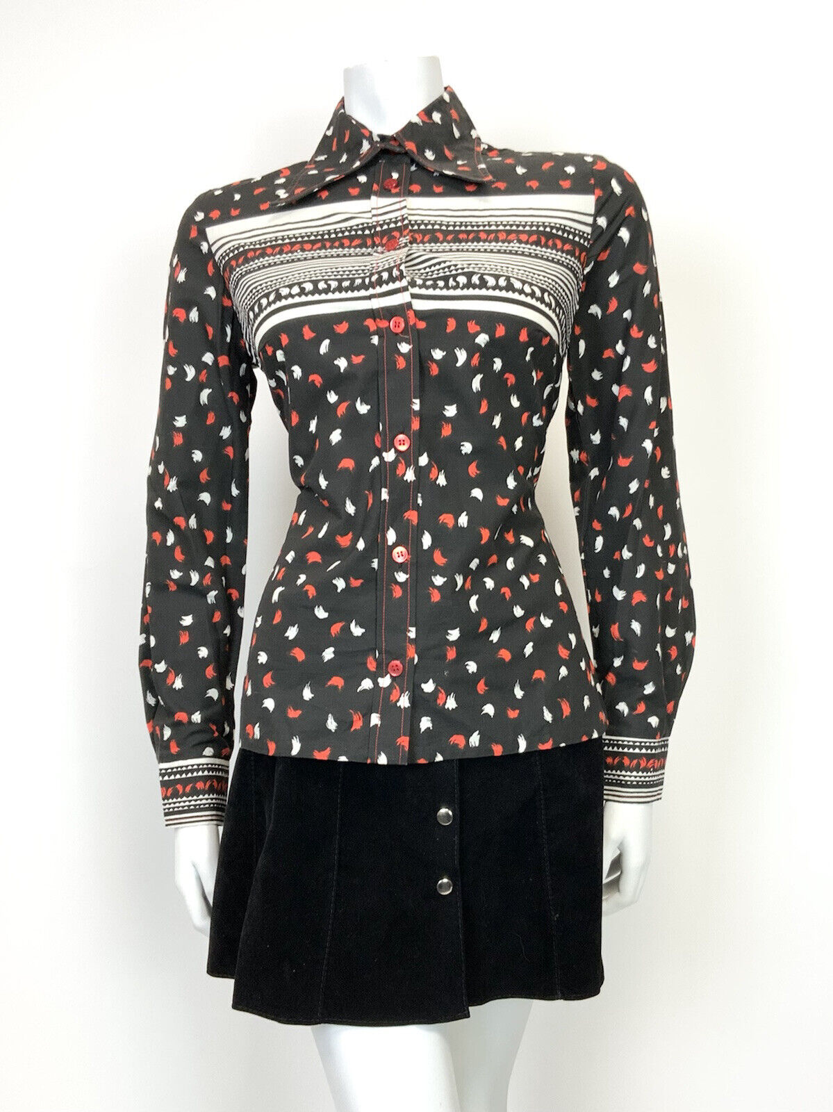 VINTAGE 60s 70s BLACK RED WHITE STRIPED DASH MOD DAGGER COLLAR SHIRT 12 14