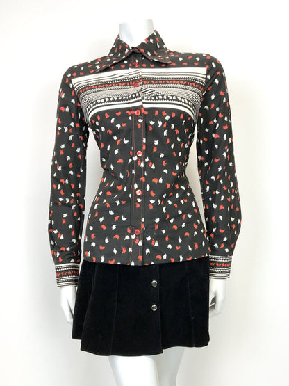 VINTAGE 60s 70s BLACK RED WHITE STRIPED DASH MOD DAGGER COLLAR SHIRT 12 14