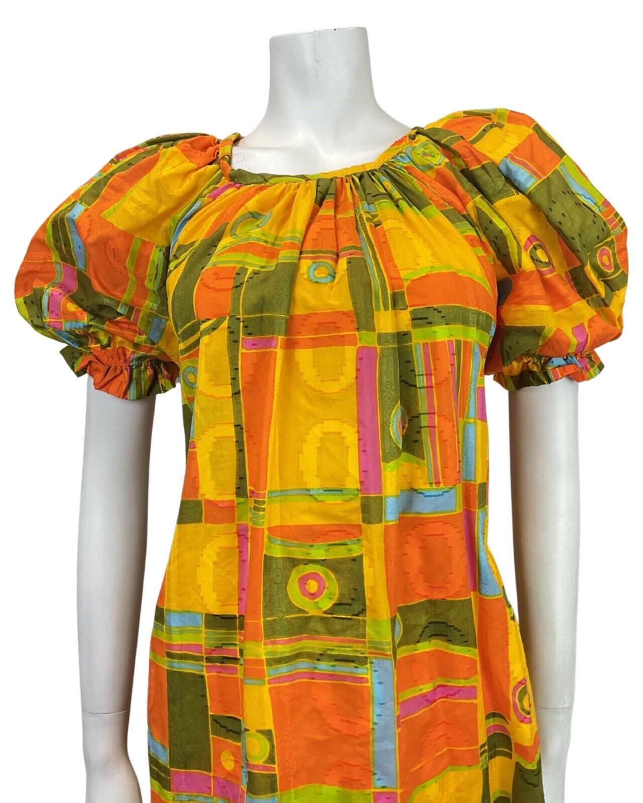 VINTAGE 60s 70s YELLOW GREEN ORANGE GEOMETRIC PUFF SLEEVE TENT DRESS 12 14