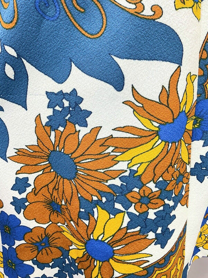 VINTAGE 60s 70s WHITE BLUE YELLOW PSYCHEDELIC FLORAL SLEEVELESS MOD DRESS 6