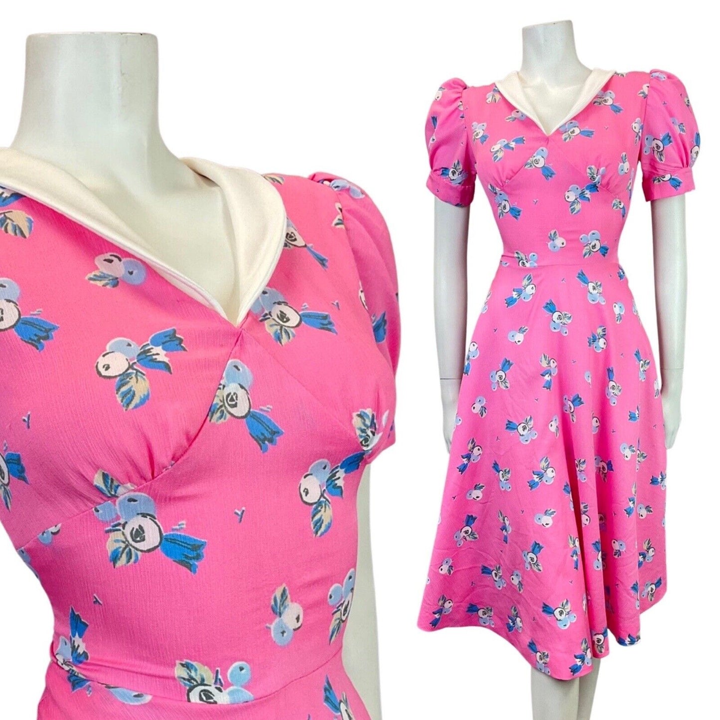 VINTAGE 60s 70s BUBBLEGUM PINK BLUE FLORAL BERRY SWING TEA DRESS 8