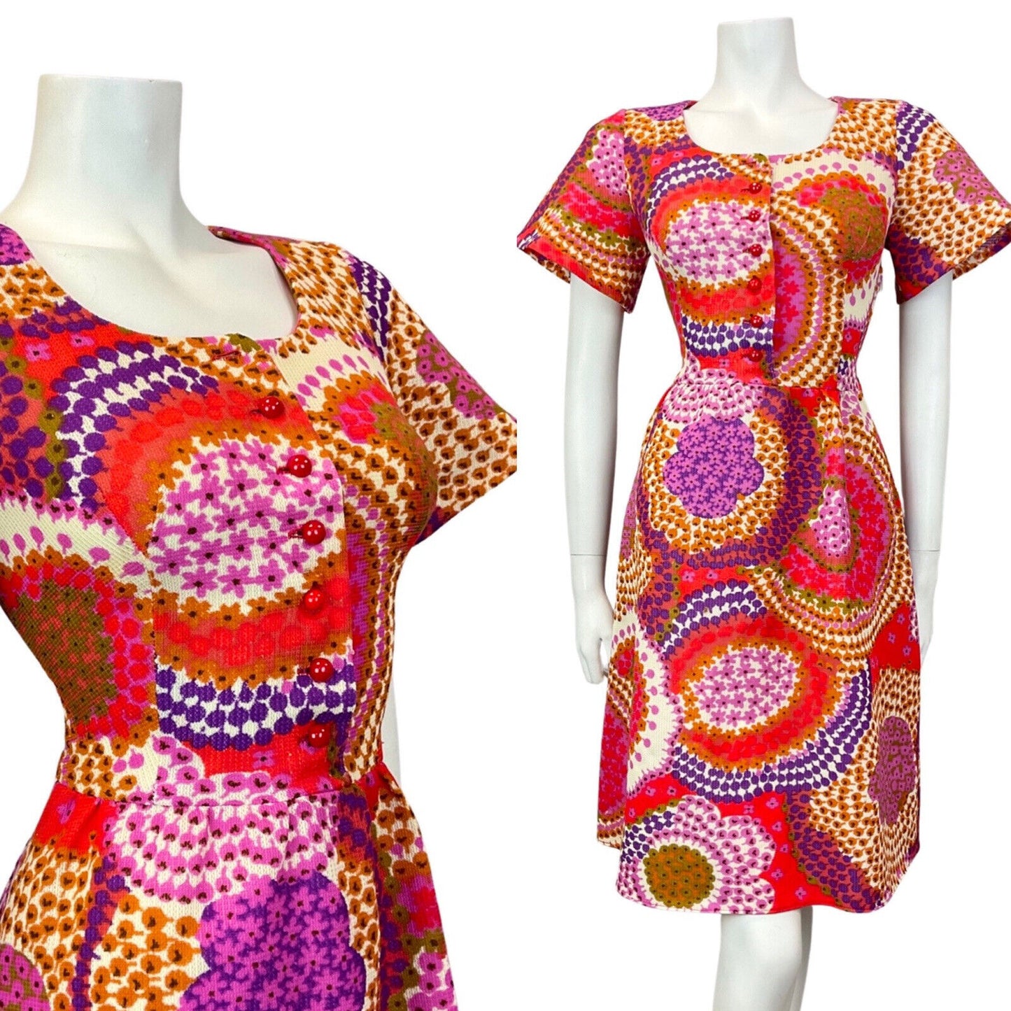 VTG 60s 70s PINK RED PURPLE PSYCHEDELIC SPIROGRAPH FLORAL BELL SLEEVE DRESS 8 10