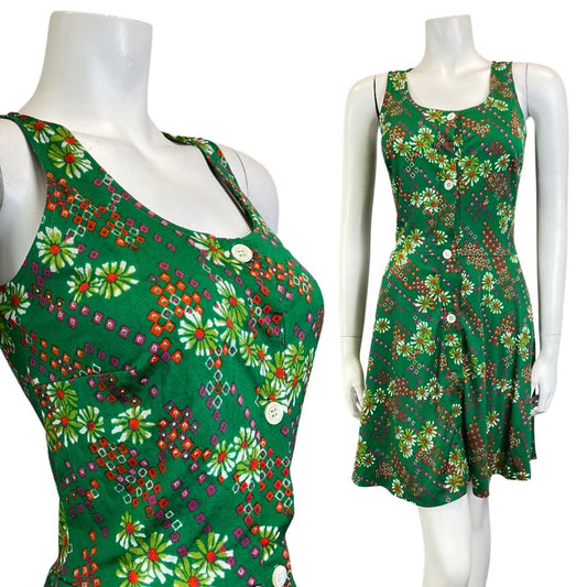 VINTAGE 60s 70s GREEN RED PURPLE DAISY FLOWER GEOMETRIC MOD SLEEVELESS DRESS 8
