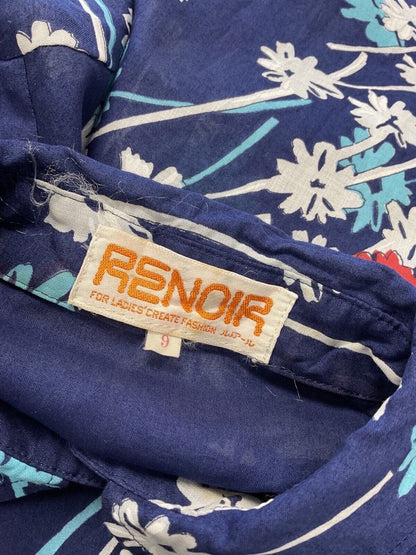 VINTAGE 60s 70s BLUE WHITE RED FLORAL MOD DAGGER COLLAR SHIRT DRESS 8