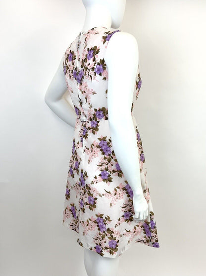 VINTAGE 60s 70s WHITE PURPLE PINK BROWN FLORAL FLOATY SLEEVELESS DRESS 16 18