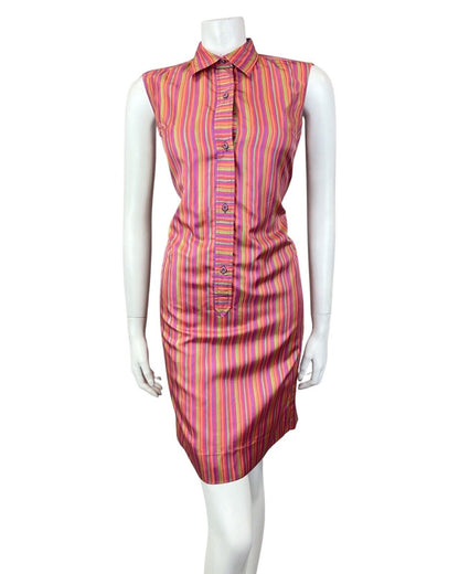 VINTAGE 60s 70s PINK GREEN PURPLE STRIPED SLEEVELESS MOD SHIFT DRESS 10 12
