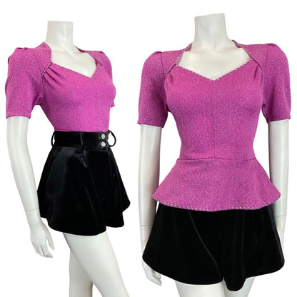 VINTAGE 60s 70s FUCHSIA PINK SILVER PARTY PEPLUM LUREX SWEETHEART BLOUSE 8 10
