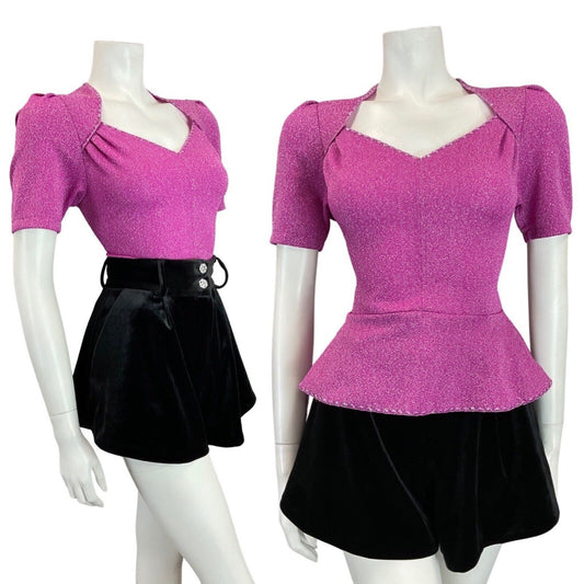 VINTAGE 60s 70s FUCHSIA PINK SILVER PARTY PEPLUM LUREX SWEETHEART BLOUSE 8 10