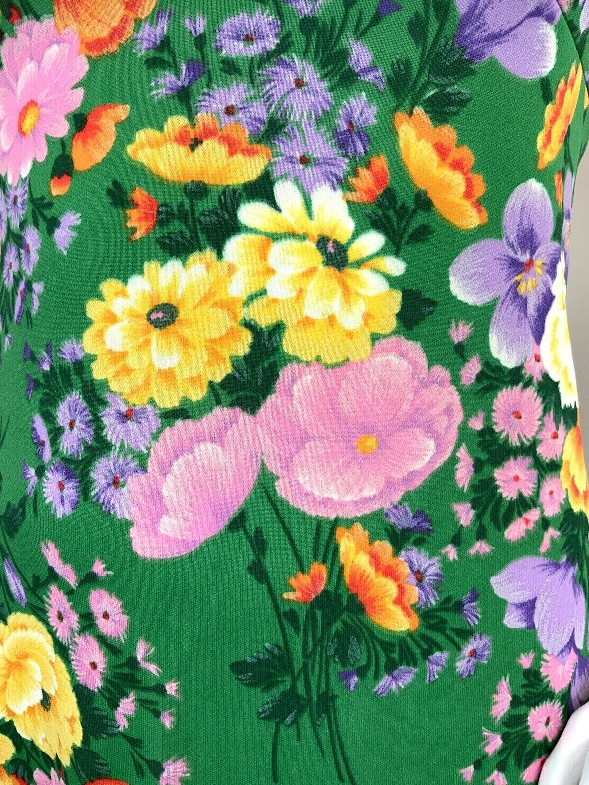 VINTAGE 60s 70s GREEN PURPLE YELLOW FLORAL SLEEVELESS SUMMER SWING DRESS 14