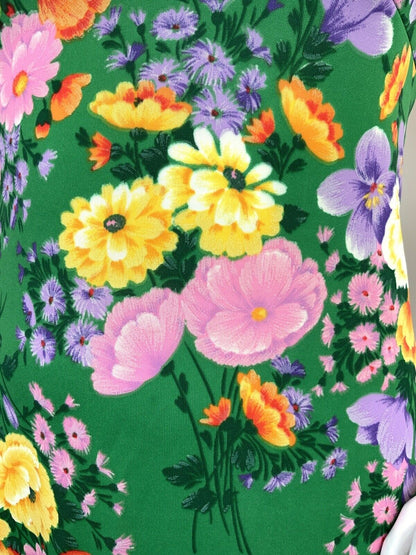 VINTAGE 60s 70s GREEN PURPLE YELLOW FLORAL SLEEVELESS SUMMER SWING DRESS 14
