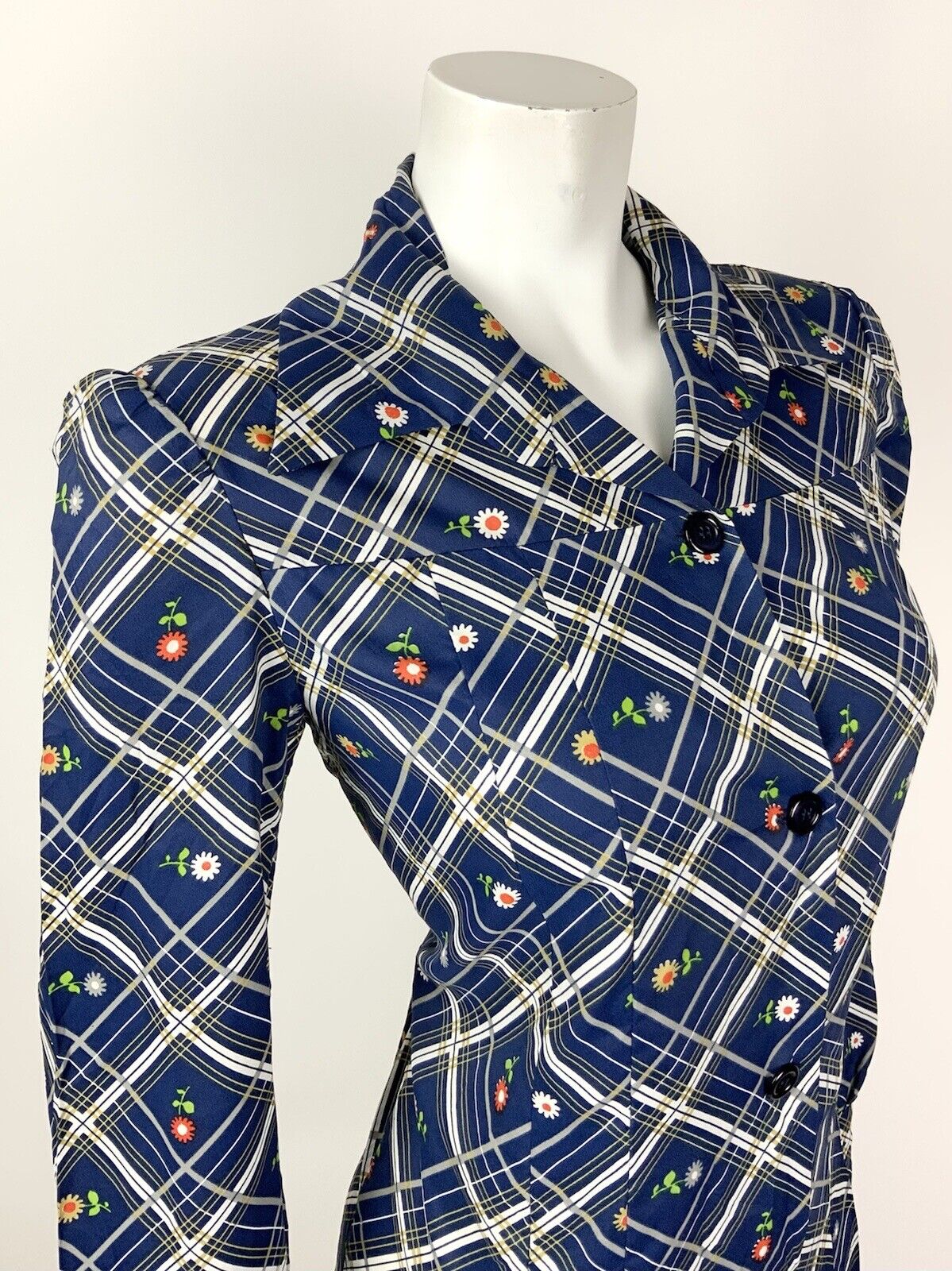 VTG 60s 70s BLUE WHITE SILVER RED PLAID CHECKED DAISY FLORAL SHIRT DRESS 12 14