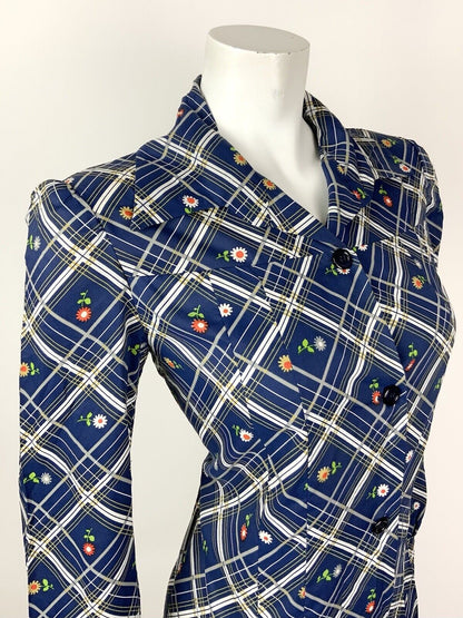 VTG 60s 70s BLUE WHITE SILVER RED PLAID CHECKED DAISY FLORAL SHIRT DRESS 12 14