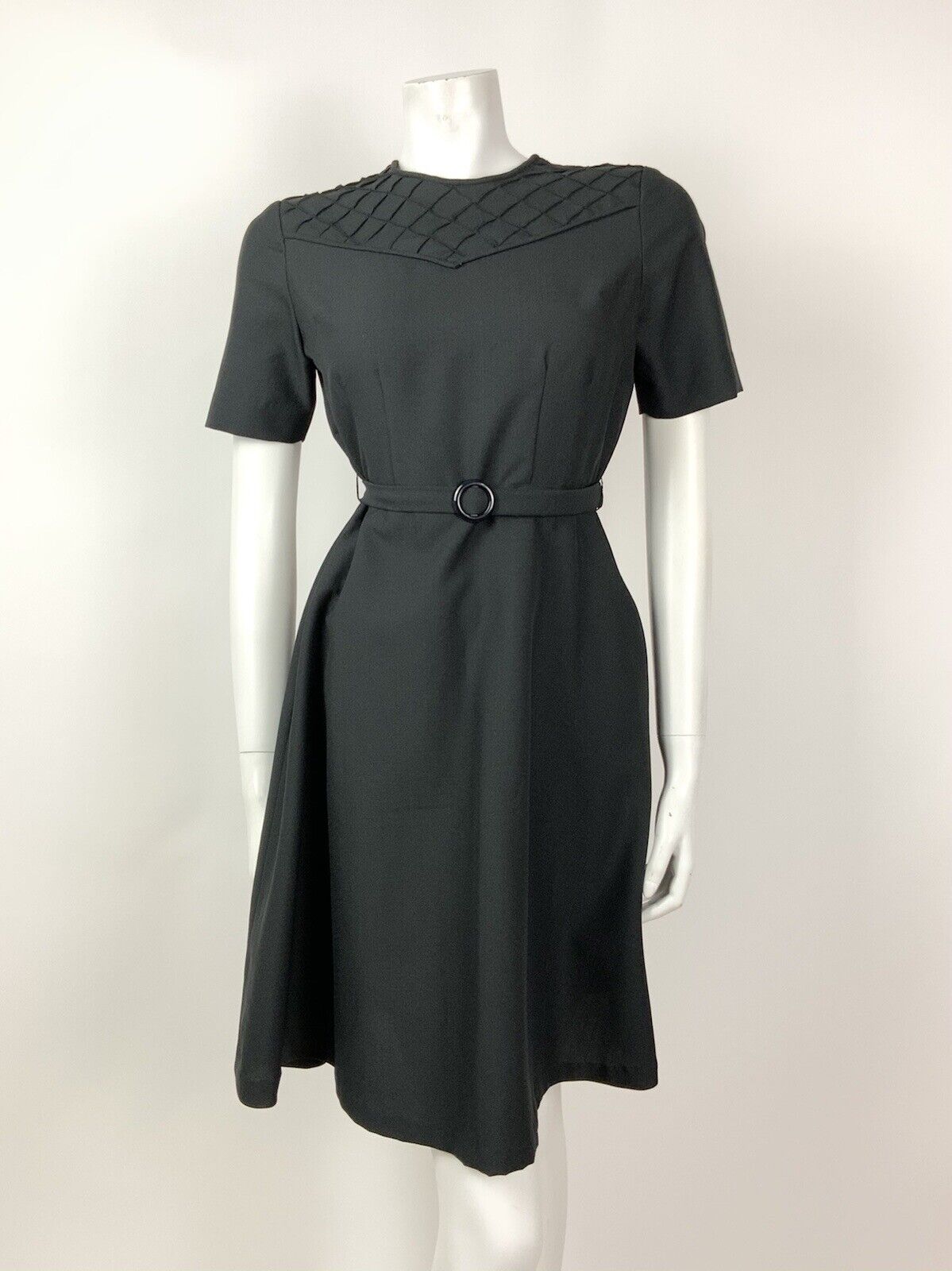 VINTAGE 60s 70s BLACK GRID CHECKED BELTED MOD SWING DRESS 10