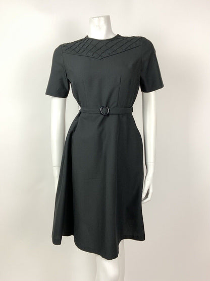 VINTAGE 60s 70s BLACK GRID CHECKED BELTED MOD SWING DRESS 10
