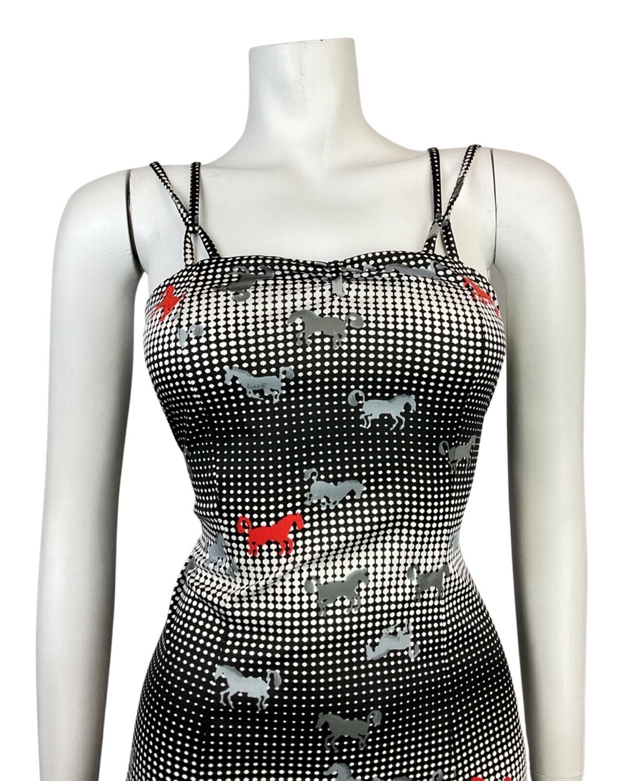 VINTAGE 60s STYLE 90s BLACK WHITE RED HALFTONE DOTTY HORSE STRAPPY SUN DRESS 8