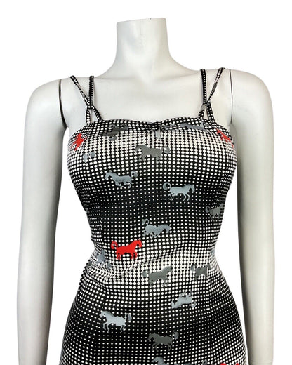 VINTAGE 60s STYLE 90s BLACK WHITE RED HALFTONE DOTTY HORSE STRAPPY SUN DRESS 8