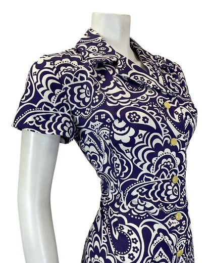 VINTAGE 60s 70s PURPLE WHITE PSYCHEDELIC FLORAL PAISLEY MOD SHORT SHIRT DRESS 12