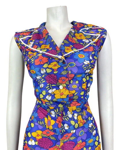 VINTAGE 60s 70s BLUE PURPLE YELLOW FLORAL MOD SLEEVELESS SHIRT DRESS 14 16