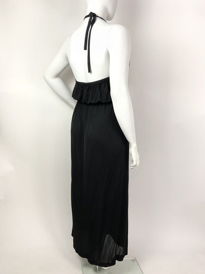 VINTAGE 60s 70s JET BLACK GRECIAN STRAPPY HALTER MAXI SUN DRESS 16 18