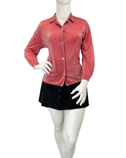 VINTAGE 60s 70s BRIGHT RED SILVER DISCO PARTY LUREX BLOUSE SHIRT 16 18