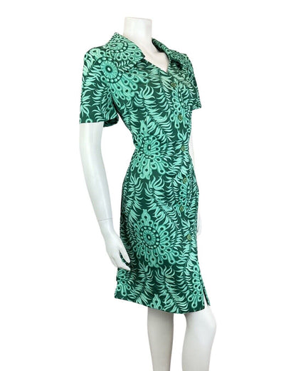 VINTAGE 60s 70s EMERALD GREEN PSYCHEDELIC MANDALA FLORAL DAGGER SHIRT DRESS 16