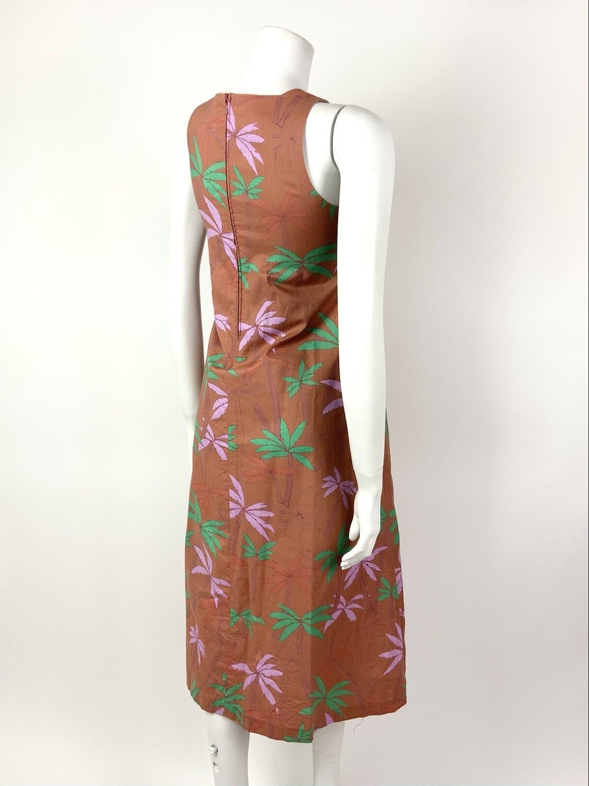 VINTAGE 70s 80s BROWN GREEN PINK PALM TREE LEAFY SLEEVELESS TENT DRESS 8