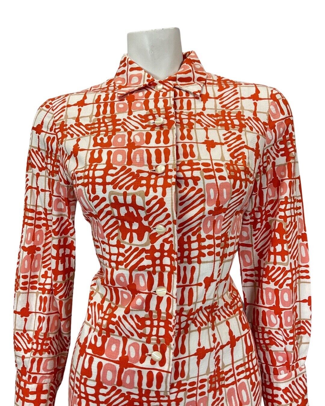 VINTAGE 60s 70s ORANGE PINK WHITE GEOMETRIC CHECKED DAGGER SHIRT DRESS 10